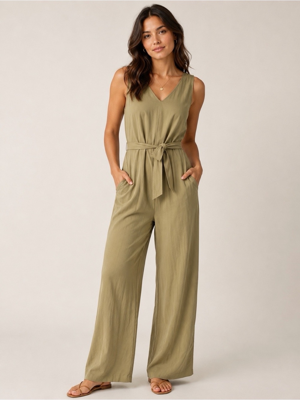 Everlane Olive Japanese Go Weave Sleeveless V-Neck Tie-Waist Jumpsuit 0